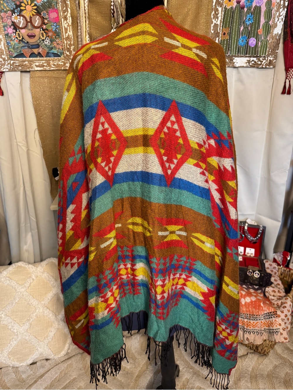 Boho Aztec Fringe Ruana - Multicolor - Picture 5 of 6